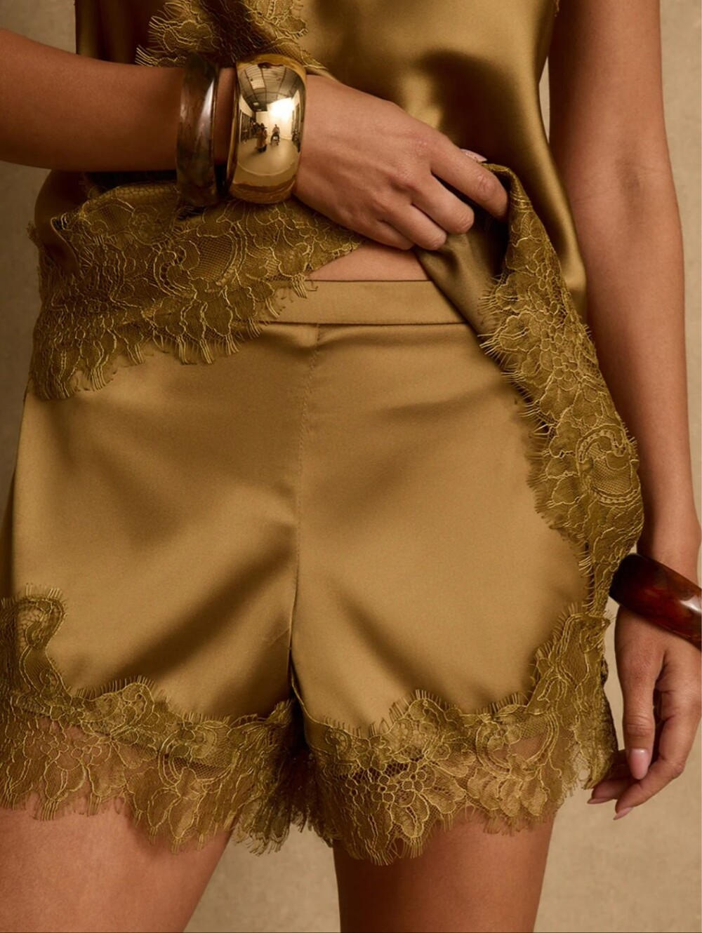 12th Tribe  Una Olive Lace-Trim Satin Shorts NWT